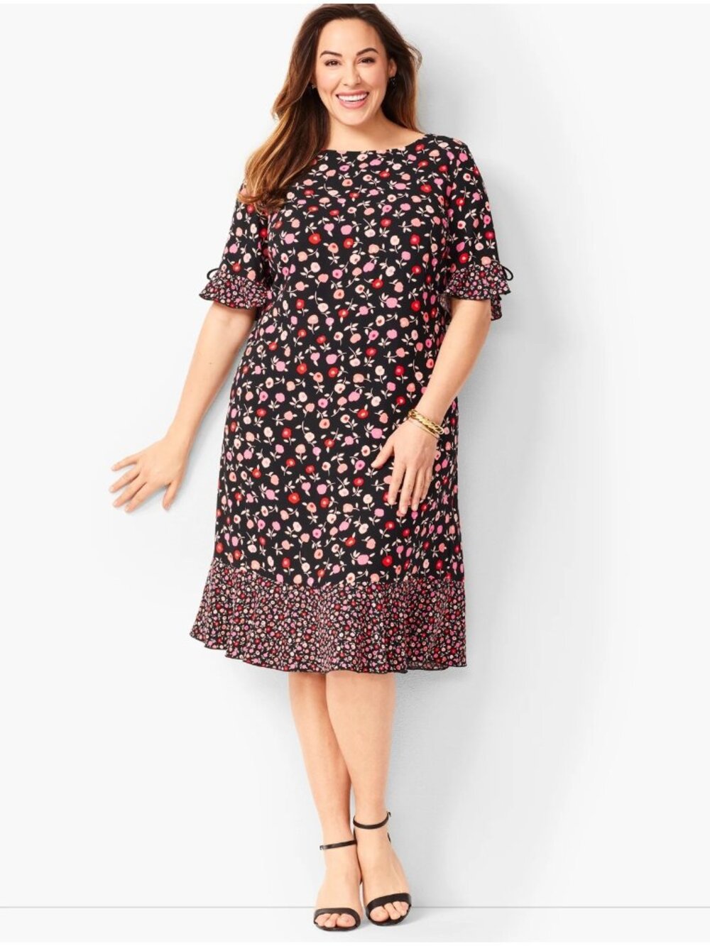Talbots Shift Dress Womens Size 22W Black Floral Ruffle Hem Flutter Sleeves Bows